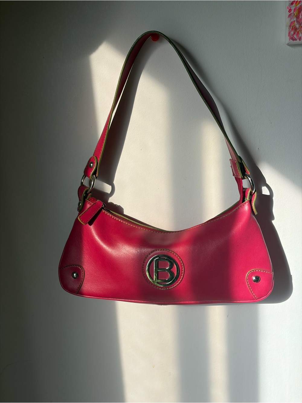 Nine West Hot Pink Leather Shoulder Bag with 'B' Logo